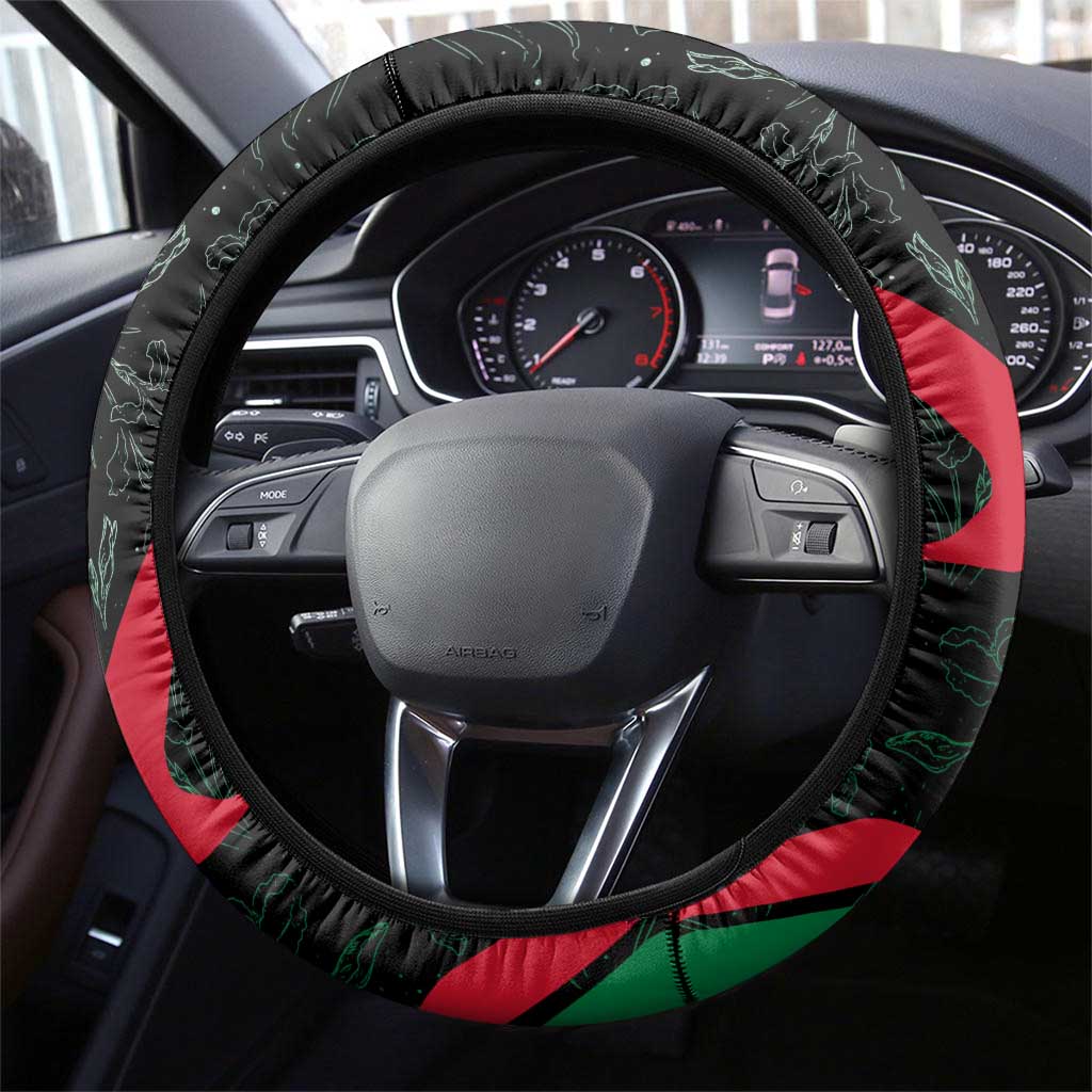 Jordan Black Iris Steering Wheel Cover with Flag Colors and Cultural Quote