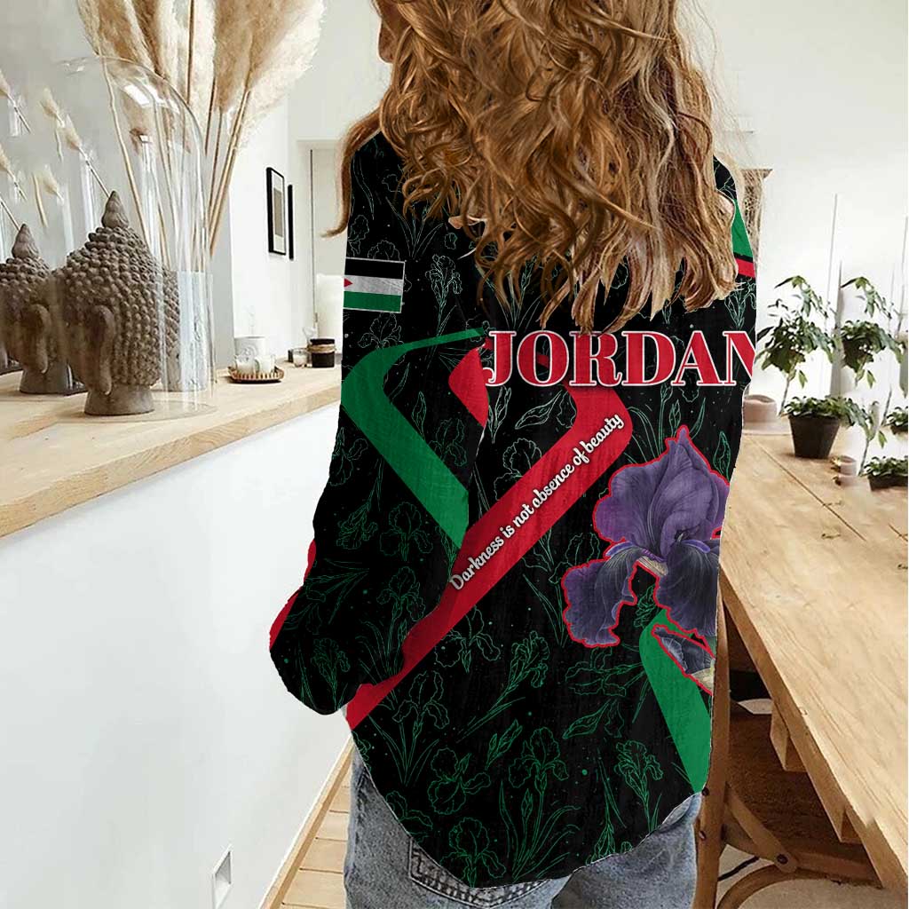 Jordan Black Iris Women Casual Shirt with Flag Colors and Cultural Quote