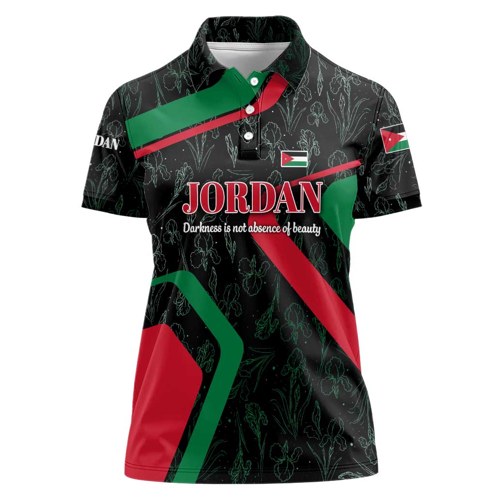 Jordan Black Iris Women Polo Shirt with Flag Colors and Cultural Quote