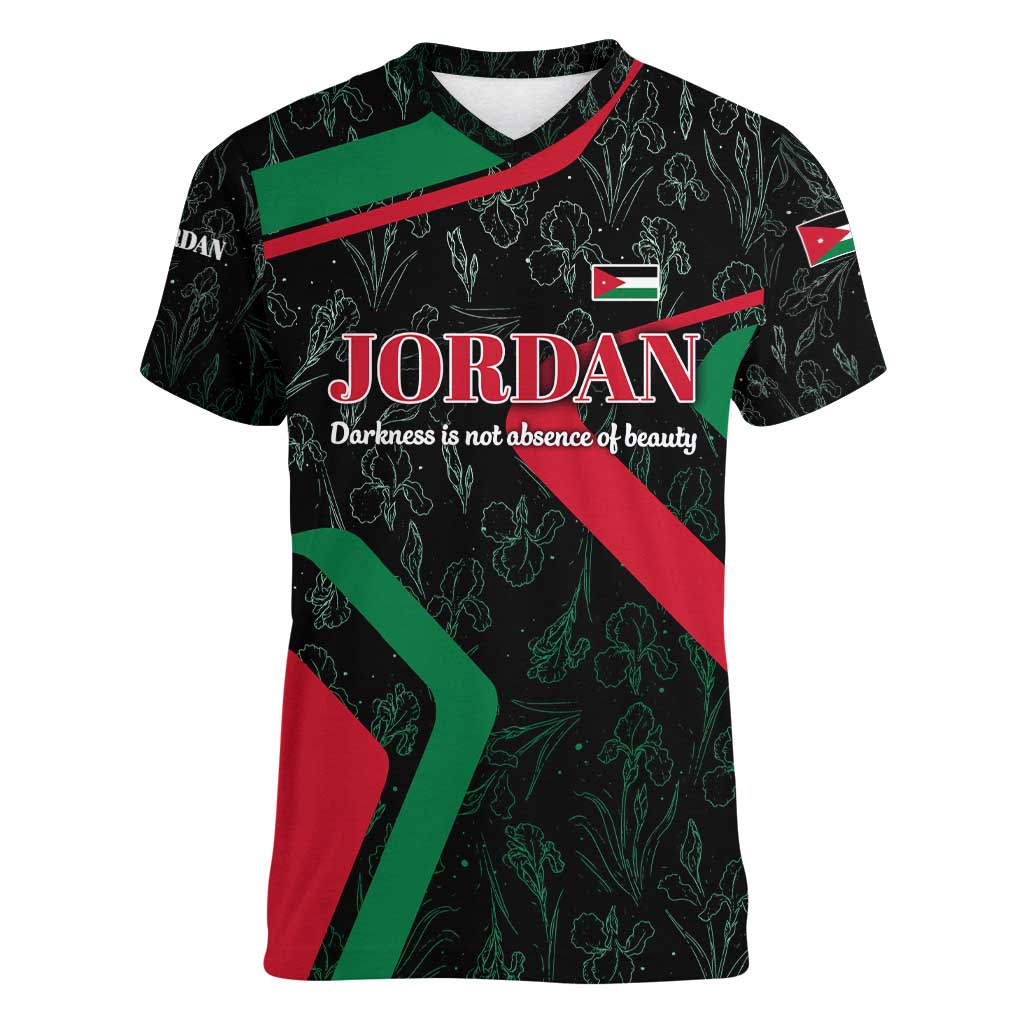 Jordan Black Iris Women V-Neck T-Shirt with Flag Colors and Cultural Quote