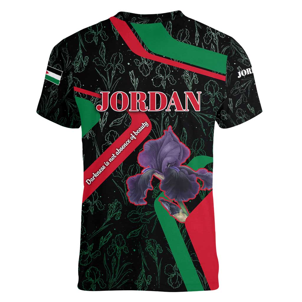 Jordan Black Iris Women V-Neck T-Shirt with Flag Colors and Cultural Quote