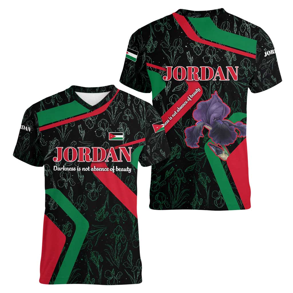 Jordan Black Iris Women V-Neck T-Shirt with Flag Colors and Cultural Quote