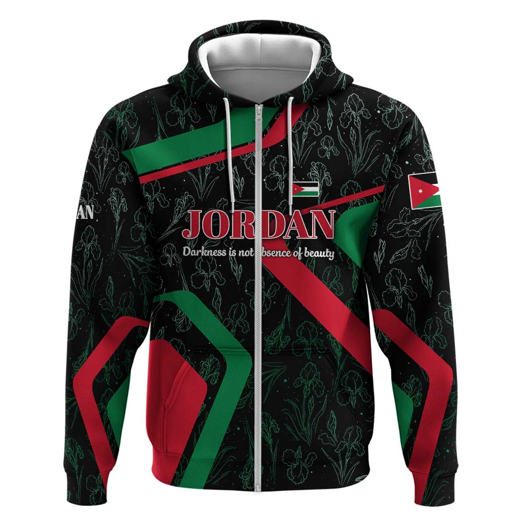 Jordan Black Iris Zip Hoodie with Flag Colors and Cultural Quote