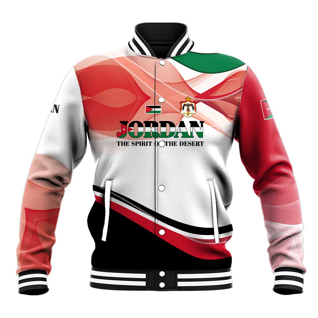 Jordan Emblem Baseball Jacket with Flag Colors and Desert Spirit Quote