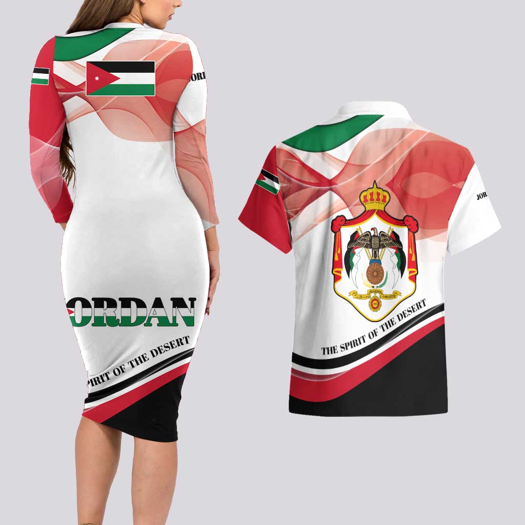Jordan Emblem Couples Matching Long Sleeve Bodycon Dress and Hawaiian Shirt with Flag Colors and Desert Spirit Quote