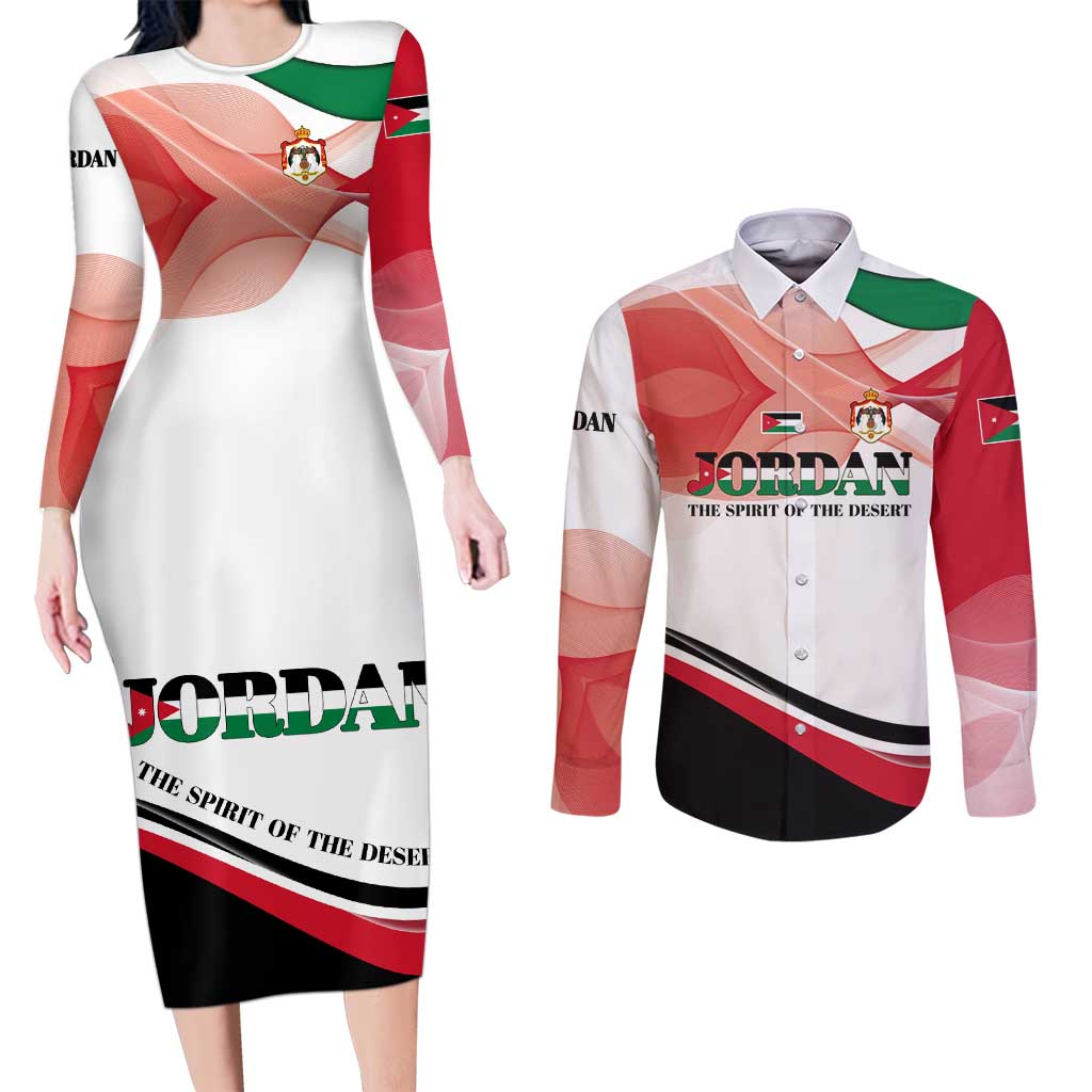 Jordan Emblem Couples Matching Long Sleeve Bodycon Dress and Long Sleeve Button Shirt with Flag Colors and Desert Spirit Quote