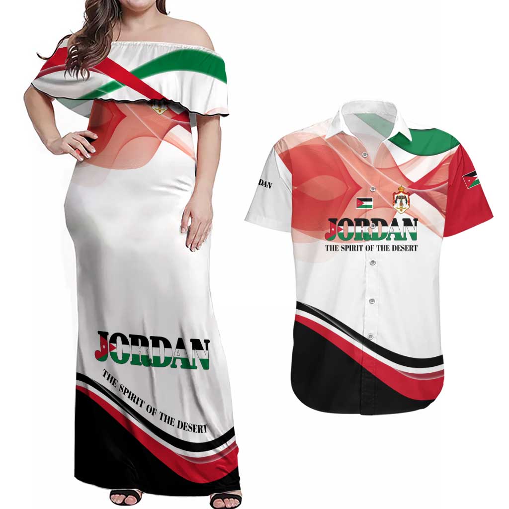 Jordan Emblem Couples Matching Off Shoulder Maxi Dress and Hawaiian Shirt with Flag Colors and Desert Spirit Quote
