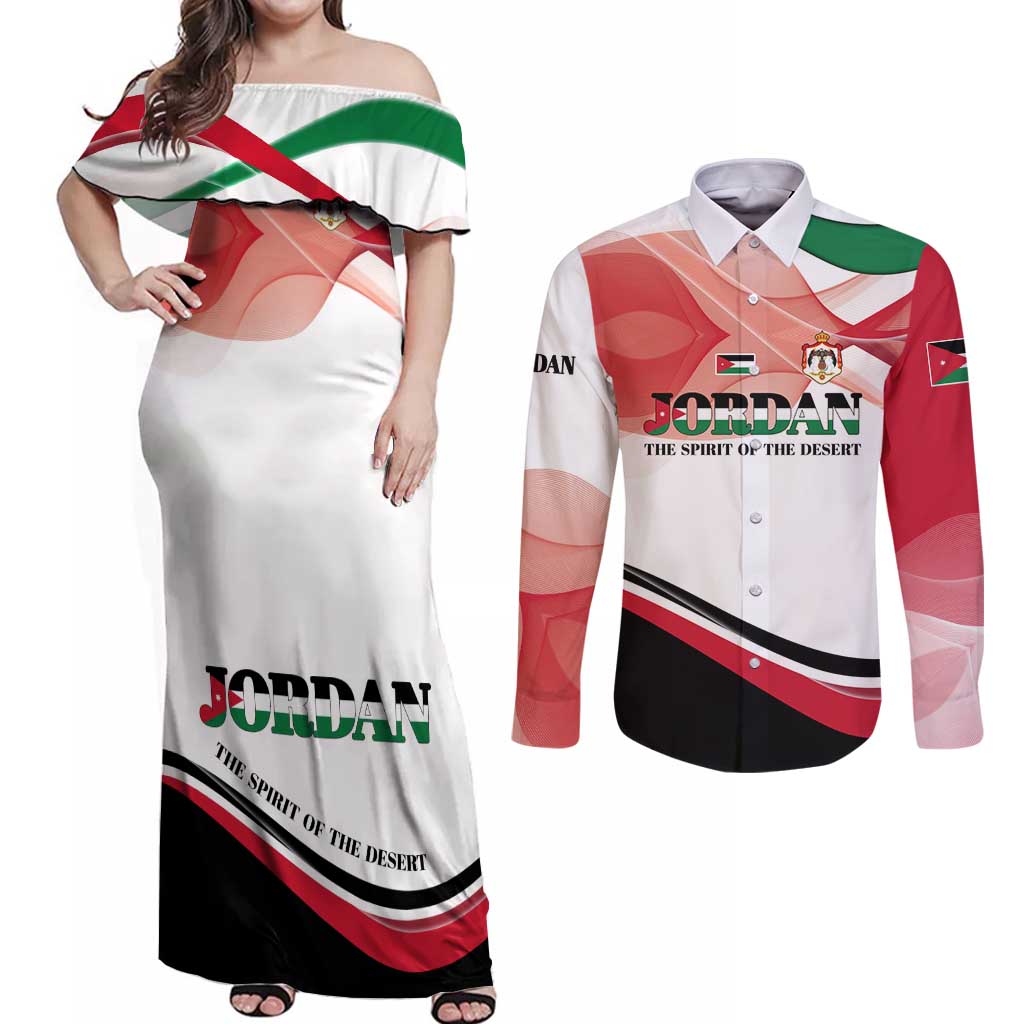 Jordan Emblem Couples Matching Off Shoulder Maxi Dress and Long Sleeve Button Shirt with Flag Colors and Desert Spirit Quote