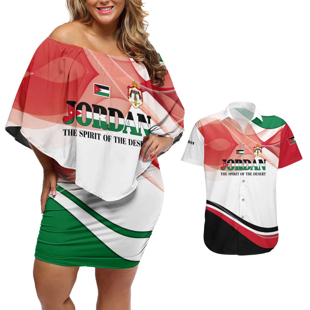 Jordan Emblem Couples Matching Off Shoulder Short Dress and Hawaiian Shirt with Flag Colors and Desert Spirit Quote