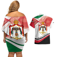 Jordan Emblem Couples Matching Off Shoulder Short Dress and Hawaiian Shirt with Flag Colors and Desert Spirit Quote