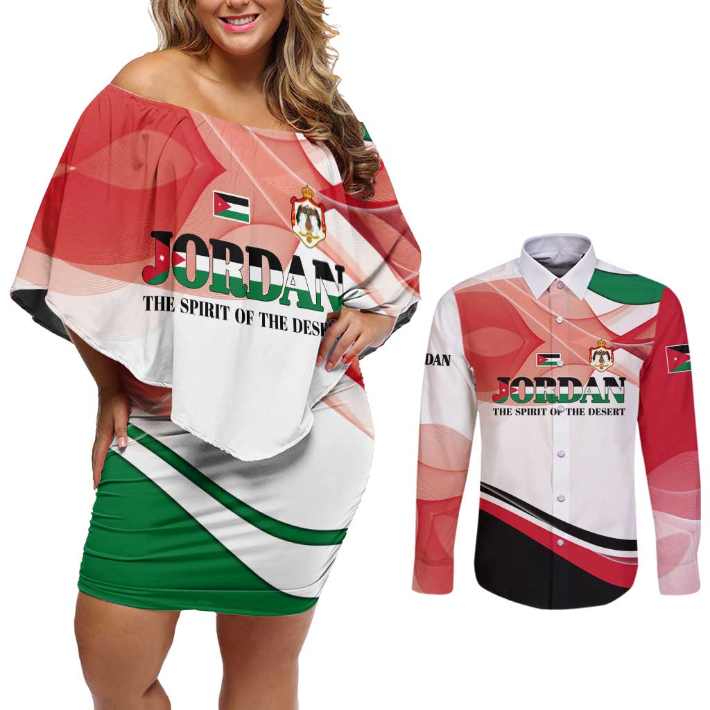 Jordan Emblem Couples Matching Off Shoulder Short Dress and Long Sleeve Button Shirt with Flag Colors and Desert Spirit Quote