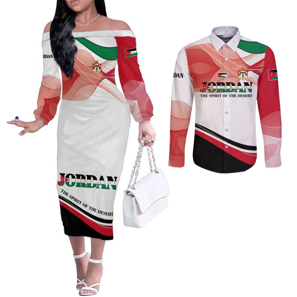 Jordan Emblem Couples Matching Off The Shoulder Long Sleeve Dress and Long Sleeve Button Shirt with Flag Colors and Desert Spirit Quote