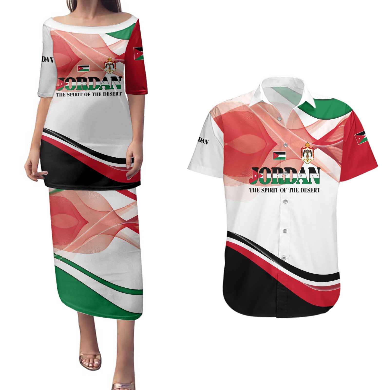 Jordan Emblem Couples Matching Puletasi and Hawaiian Shirt with Flag Colors and Desert Spirit Quote