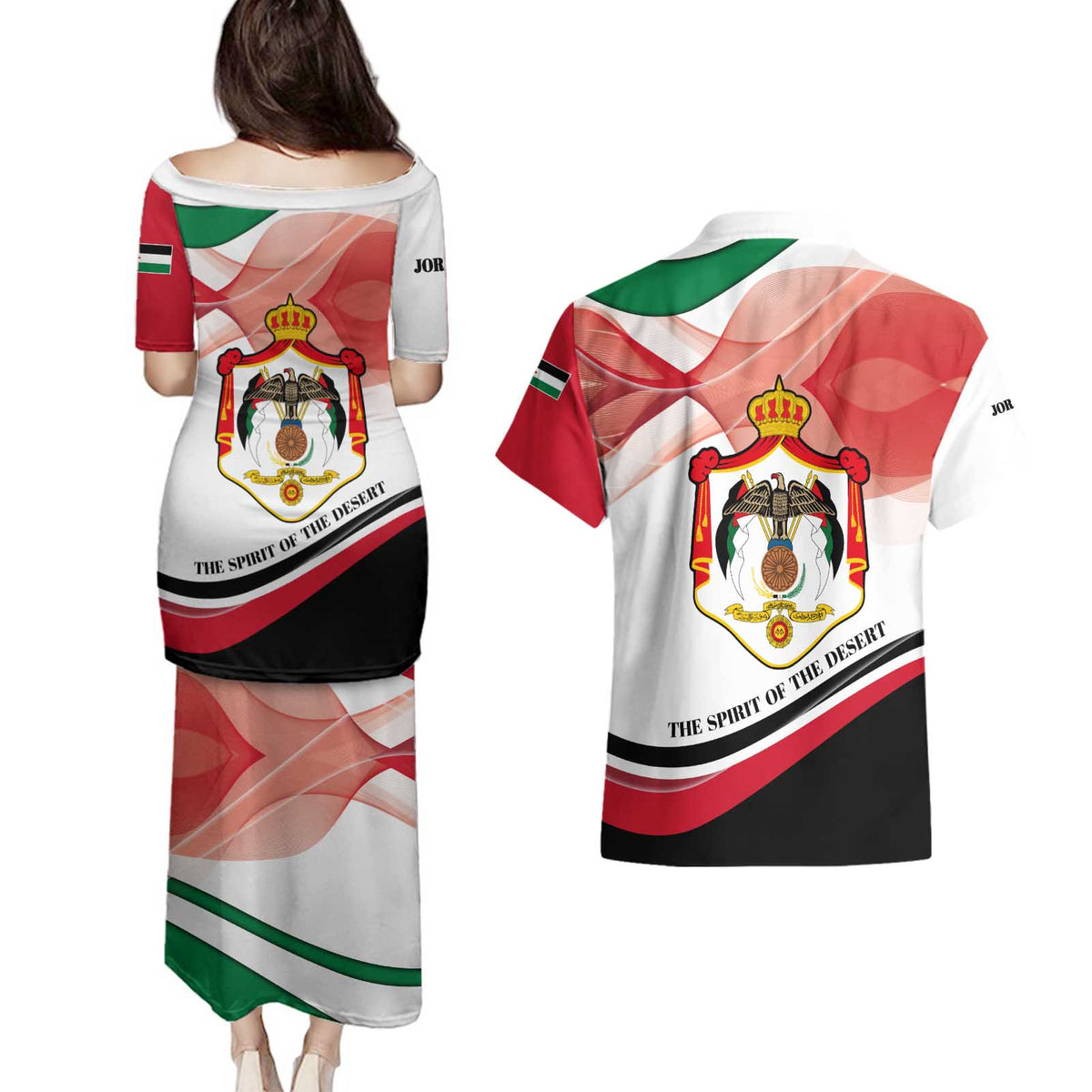 Jordan Emblem Couples Matching Puletasi and Hawaiian Shirt with Flag Colors and Desert Spirit Quote