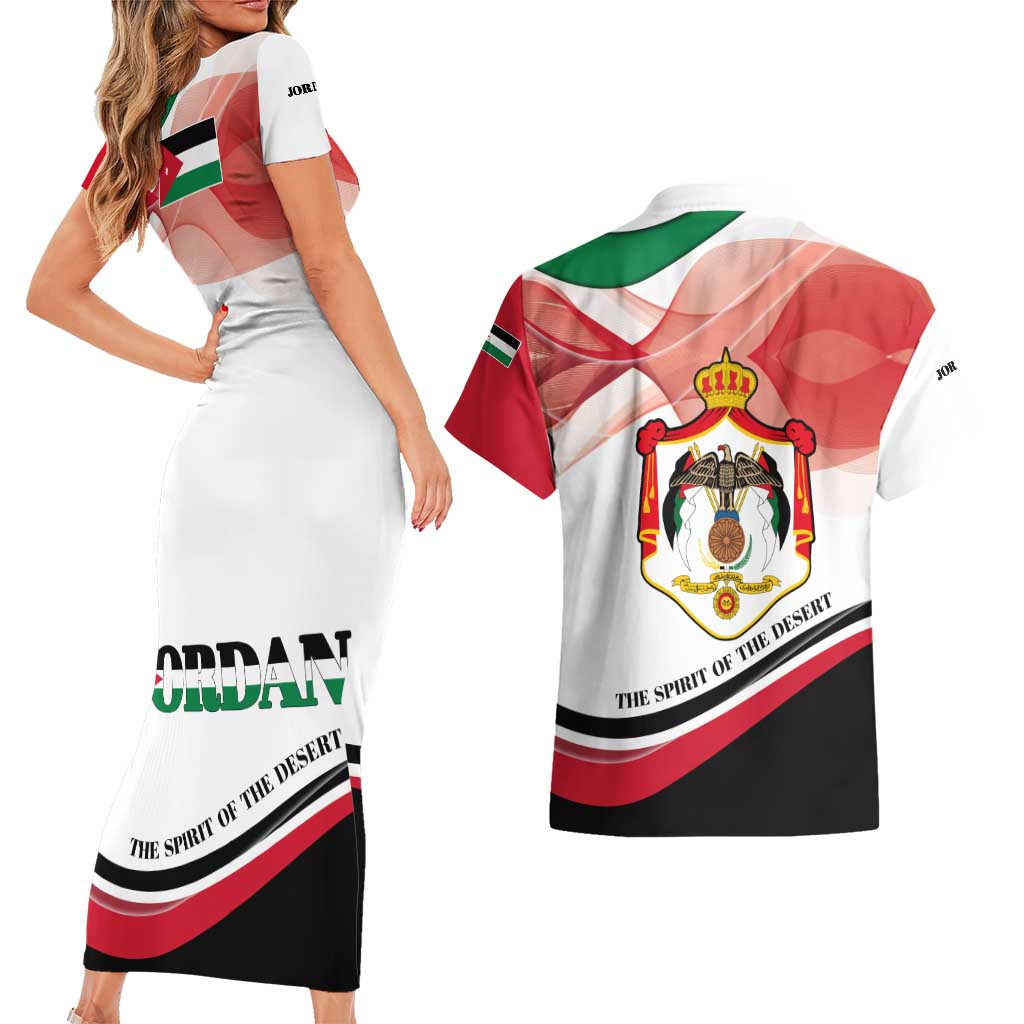 Jordan Emblem Couples Matching Short Sleeve Bodycon Dress and Hawaiian Shirt with Flag Colors and Desert Spirit Quote