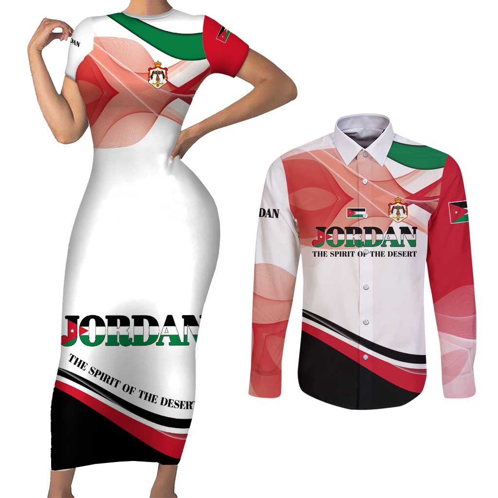 Jordan Emblem Couples Matching Short Sleeve Bodycon Dress and Long Sleeve Button Shirt with Flag Colors and Desert Spirit Quote