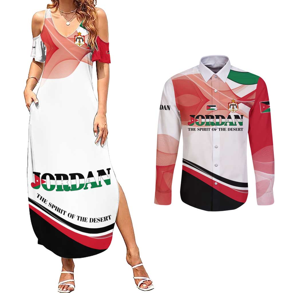 Jordan Emblem Couples Matching Summer Maxi Dress and Long Sleeve Button Shirt with Flag Colors and Desert Spirit Quote