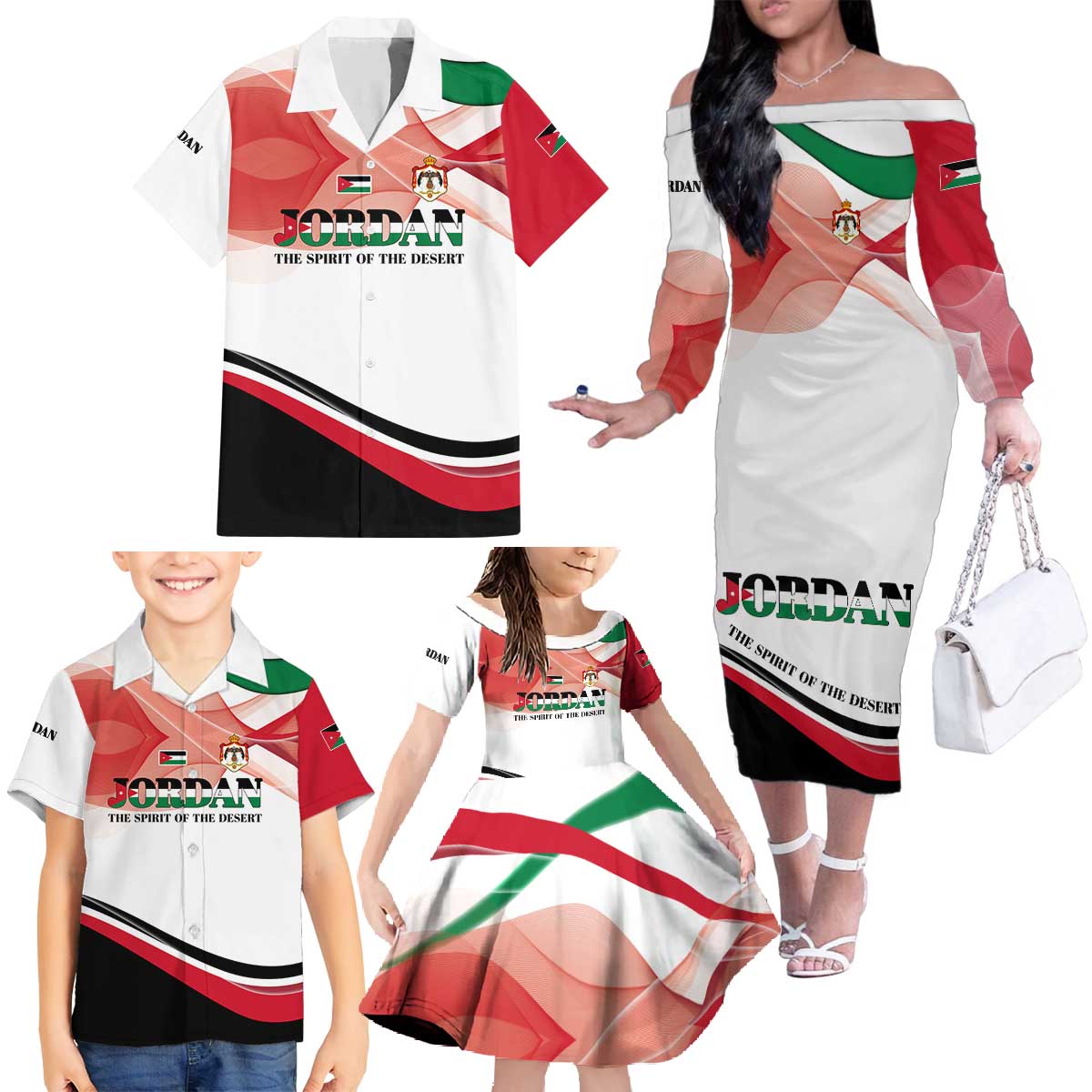 Jordan Emblem Family Matching Off The Shoulder Long Sleeve Dress and Hawaiian Shirt with Flag Colors and Desert Spirit Quote