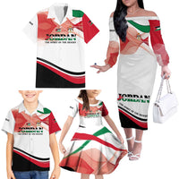 Jordan Emblem Family Matching Off The Shoulder Long Sleeve Dress and Hawaiian Shirt with Flag Colors and Desert Spirit Quote