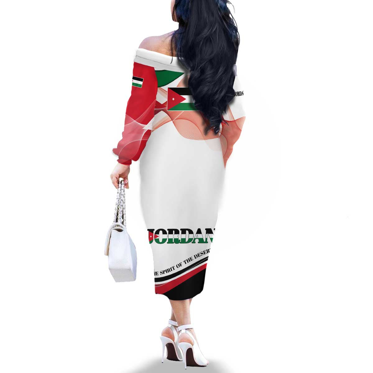 Jordan Emblem Family Matching Off The Shoulder Long Sleeve Dress and Hawaiian Shirt with Flag Colors and Desert Spirit Quote