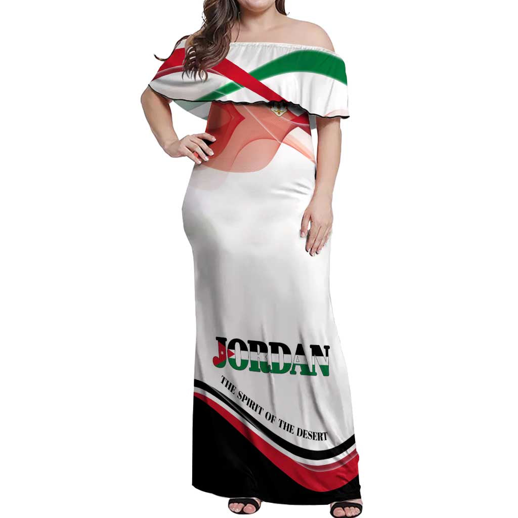 Jordan Emblem Off Shoulder Maxi Dress with Flag Colors and Desert Spirit Quote