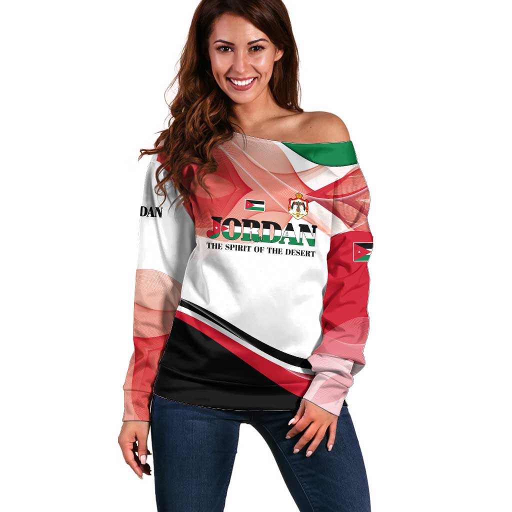 Jordan Emblem Off Shoulder Sweater with Flag Colors and Desert Spirit Quote
