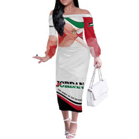 Jordan Emblem Off The Shoulder Long Sleeve Dress with Flag Colors and Desert Spirit Quote