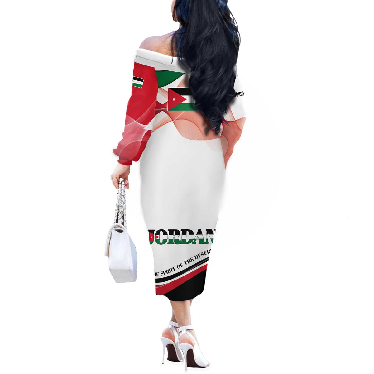 Jordan Emblem Off The Shoulder Long Sleeve Dress with Flag Colors and Desert Spirit Quote