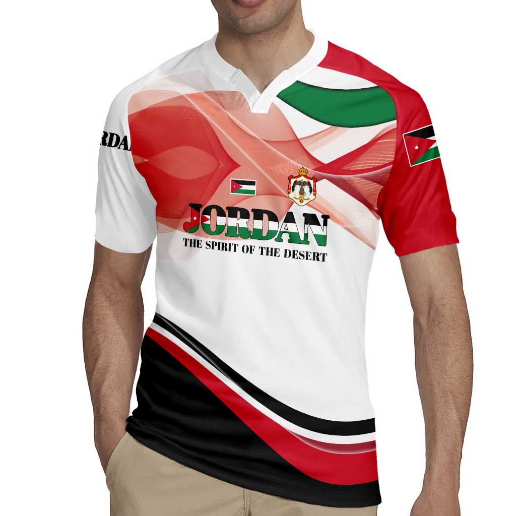 Jordan Emblem Rugby Jersey with Flag Colors and Desert Spirit Quote