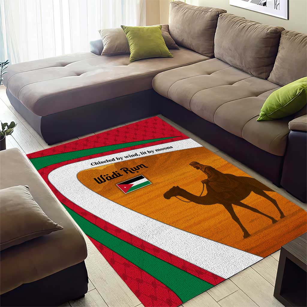 Wadi Rum Desert Area Rug with Camel Rider and Jordan Flag Colors