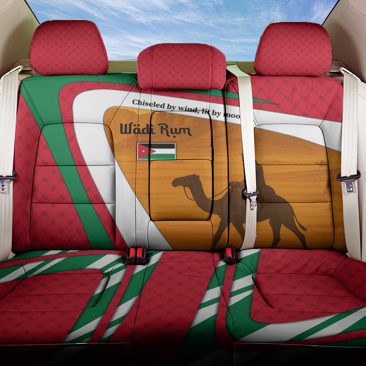 Wadi Rum Desert Back Car Seat Cover with Camel Rider and Jordan Flag Colors
