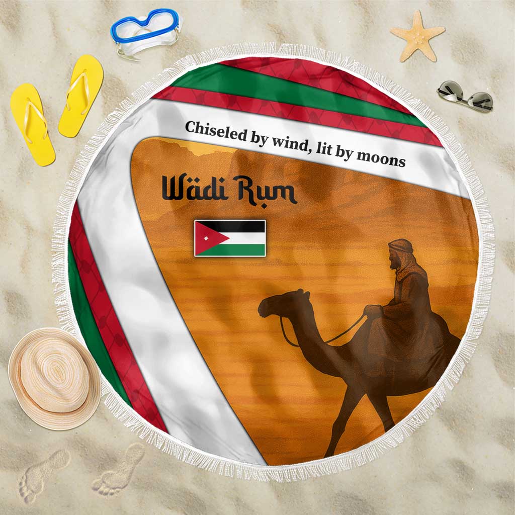 Wadi Rum Desert Beach Blanket with Camel Rider and Jordan Flag Colors