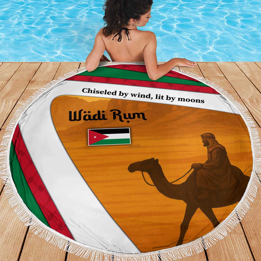 Wadi Rum Desert Beach Blanket with Camel Rider and Jordan Flag Colors