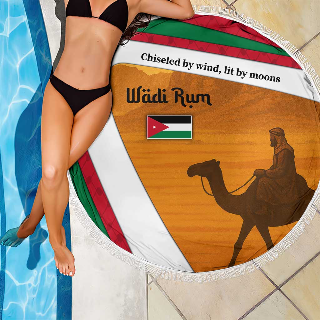 Wadi Rum Desert Beach Blanket with Camel Rider and Jordan Flag Colors