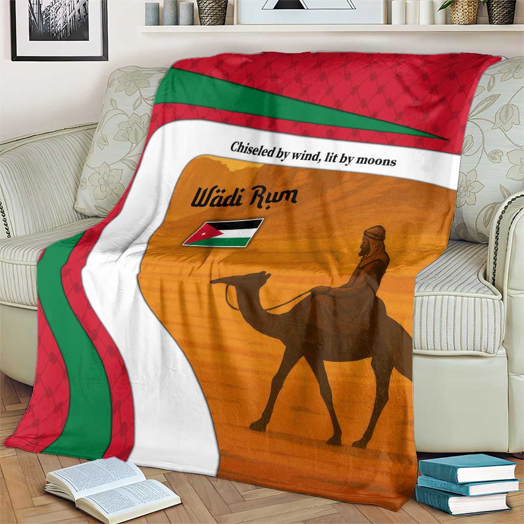 Wadi Rum Desert Blanket with Camel Rider and Jordan Flag Colors