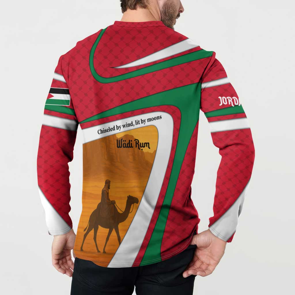 Wadi Rum Desert Button Sweatshirt with Camel Rider and Jordan Flag Colors