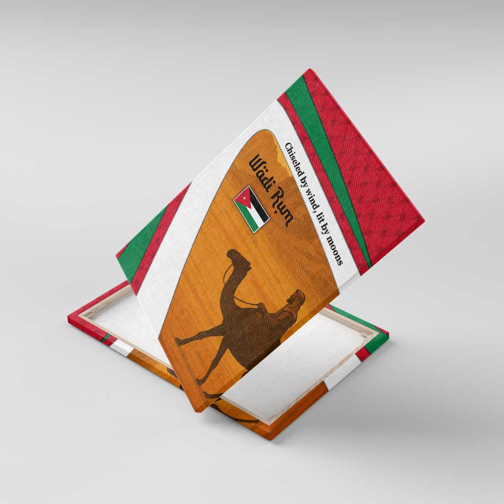 Wadi Rum Desert Canvas Wall Art with Camel Rider and Jordan Flag Colors