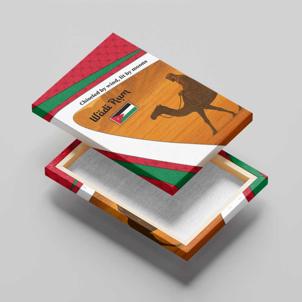 Wadi Rum Desert Canvas Wall Art with Camel Rider and Jordan Flag Colors