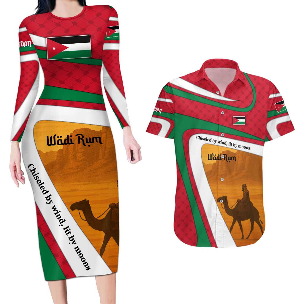 Wadi Rum Desert Couples Matching Long Sleeve Bodycon Dress and Hawaiian Shirt with Camel Rider and Jordan Flag Colors