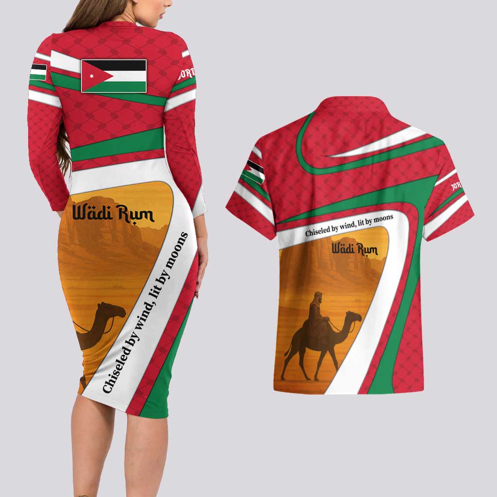Wadi Rum Desert Couples Matching Long Sleeve Bodycon Dress and Hawaiian Shirt with Camel Rider and Jordan Flag Colors