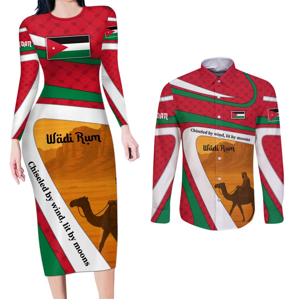 Wadi Rum Desert Couples Matching Long Sleeve Bodycon Dress and Long Sleeve Button Shirt with Camel Rider and Jordan Flag Colors