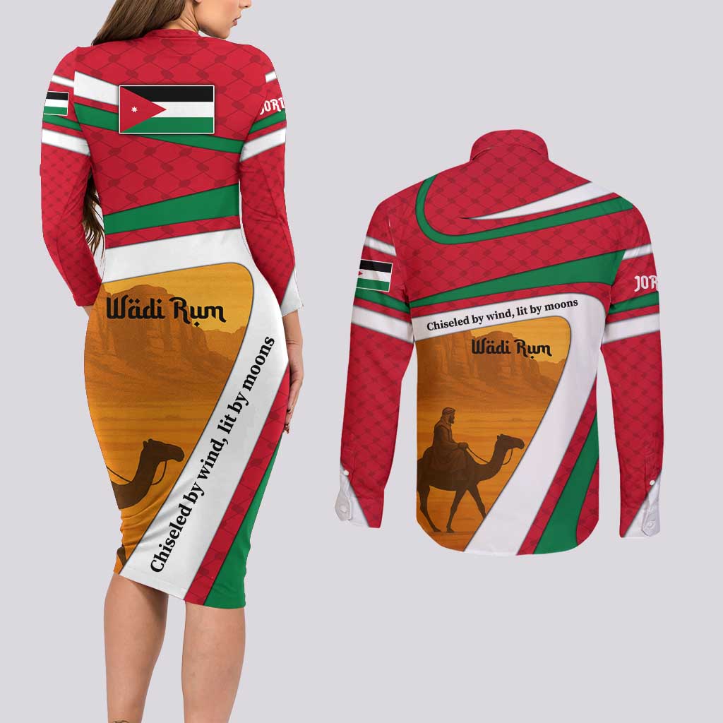 Wadi Rum Desert Couples Matching Long Sleeve Bodycon Dress and Long Sleeve Button Shirt with Camel Rider and Jordan Flag Colors