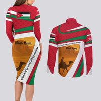 Wadi Rum Desert Couples Matching Long Sleeve Bodycon Dress and Long Sleeve Button Shirt with Camel Rider and Jordan Flag Colors
