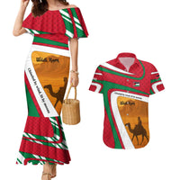 Wadi Rum Desert Couples Matching Mermaid Dress and Hawaiian Shirt with Camel Rider and Jordan Flag Colors