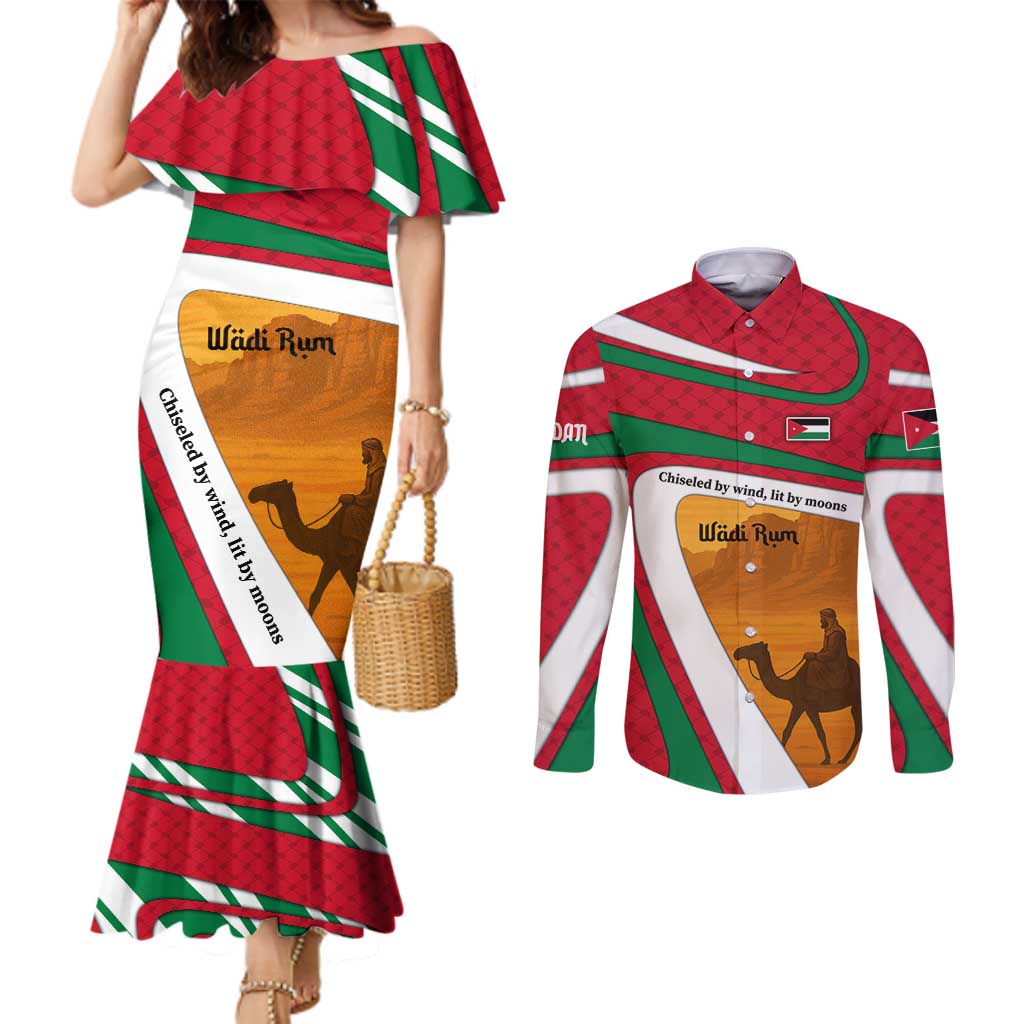 Wadi Rum Desert Couples Matching Mermaid Dress and Long Sleeve Button Shirt with Camel Rider and Jordan Flag Colors