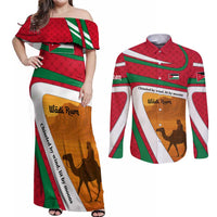 Wadi Rum Desert Couples Matching Off Shoulder Maxi Dress and Long Sleeve Button Shirt with Camel Rider and Jordan Flag Colors