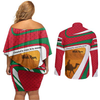 Wadi Rum Desert Couples Matching Off Shoulder Short Dress and Long Sleeve Button Shirt with Camel Rider and Jordan Flag Colors