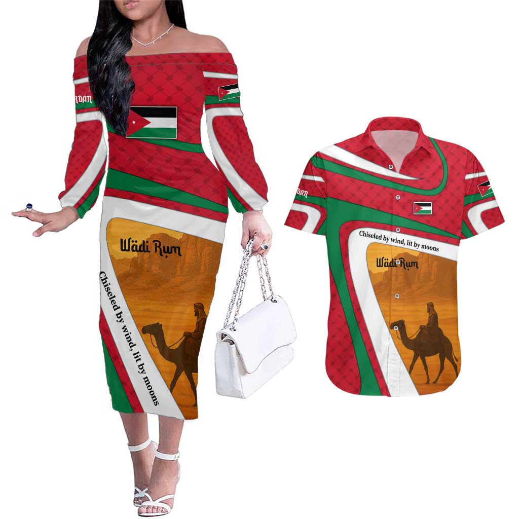 Wadi Rum Desert Couples Matching Off The Shoulder Long Sleeve Dress and Hawaiian Shirt with Camel Rider and Jordan Flag Colors