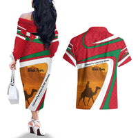 Wadi Rum Desert Couples Matching Off The Shoulder Long Sleeve Dress and Hawaiian Shirt with Camel Rider and Jordan Flag Colors