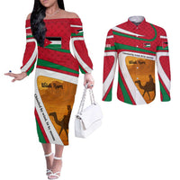 Wadi Rum Desert Couples Matching Off The Shoulder Long Sleeve Dress and Long Sleeve Button Shirt with Camel Rider and Jordan Flag Colors